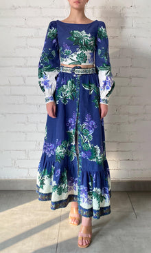 Hemant And Nandita | Keva Linen Cotton Long Skirt With Buckle Belt | Green Blue