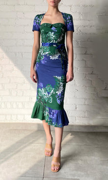Hemant And Nandita | Keva Cotton Linen Lycra Midi Dress With Tie Up Belt | Green Blue