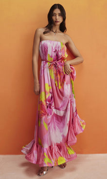 Hemant And Nandita | Mina Viscose Satin Long Dress With Braided Belt | Pink Floral