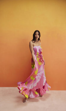 Hemant And Nandita | Mina Viscose Satin Long Dress With Braided Belt | Pink Floral
