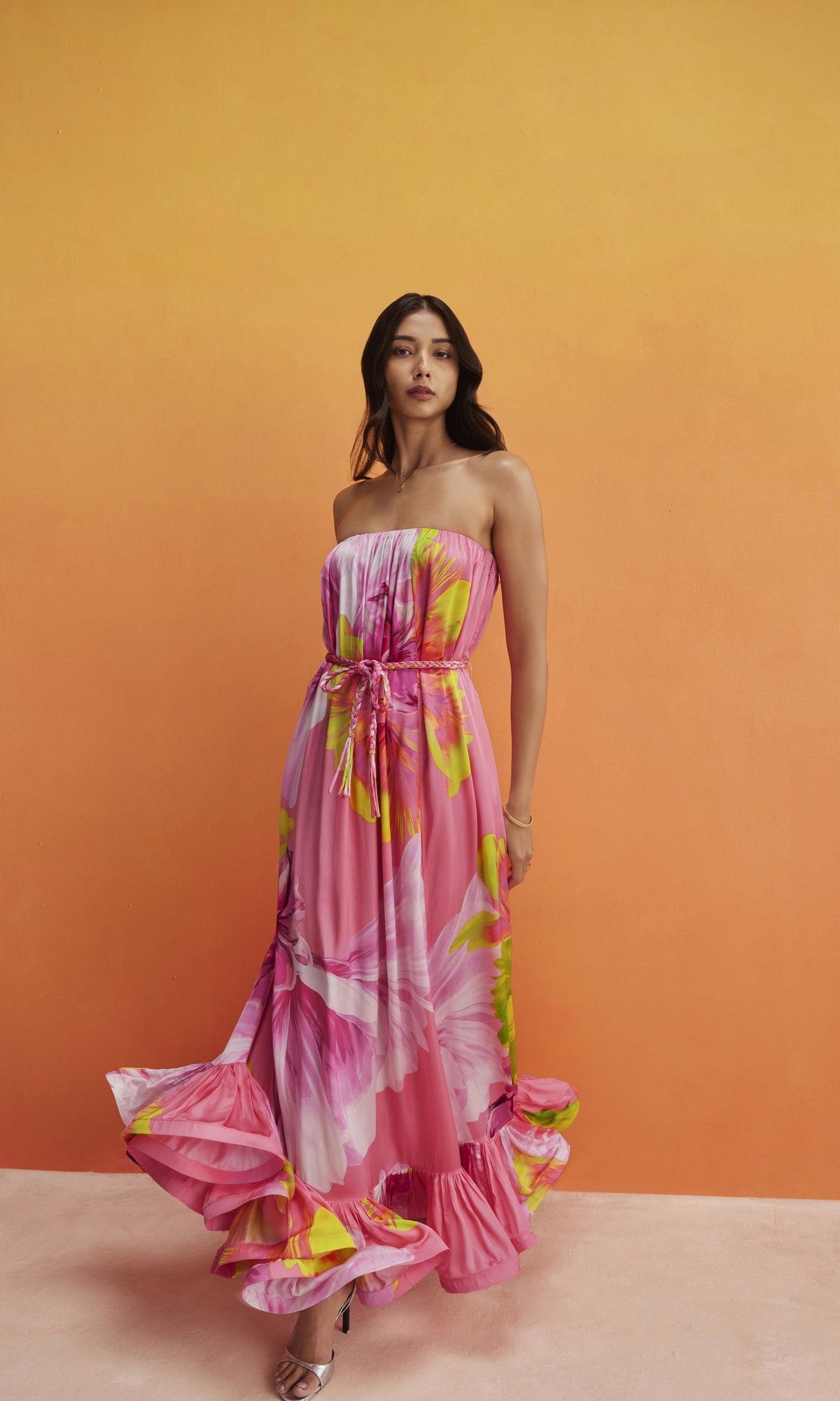 Hemant And Nandita | Mina Viscose Satin Long Dress With Braided Belt | Pink Floral