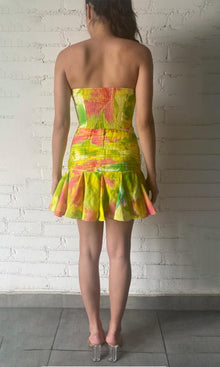 Hemant And Nandita | Mina Linen Cotton Short Dress With Buckle Belt | Yellow Floral