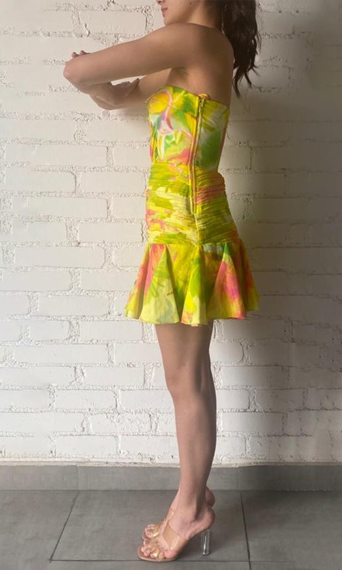 Hemant And Nandita | Mina Linen Cotton Short Dress With Buckle Belt | Yellow Floral