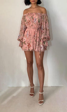 Hemant And Nandita | Mina Viscose Crinkle Chiffon Romper With Belt | Peach Floral