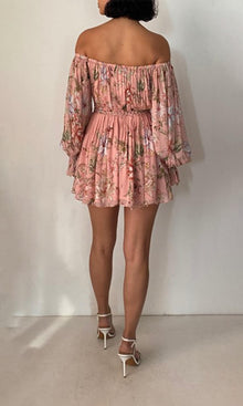 Hemant And Nandita | Mina Viscose Crinkle Chiffon Romper With Belt | Peach Floral