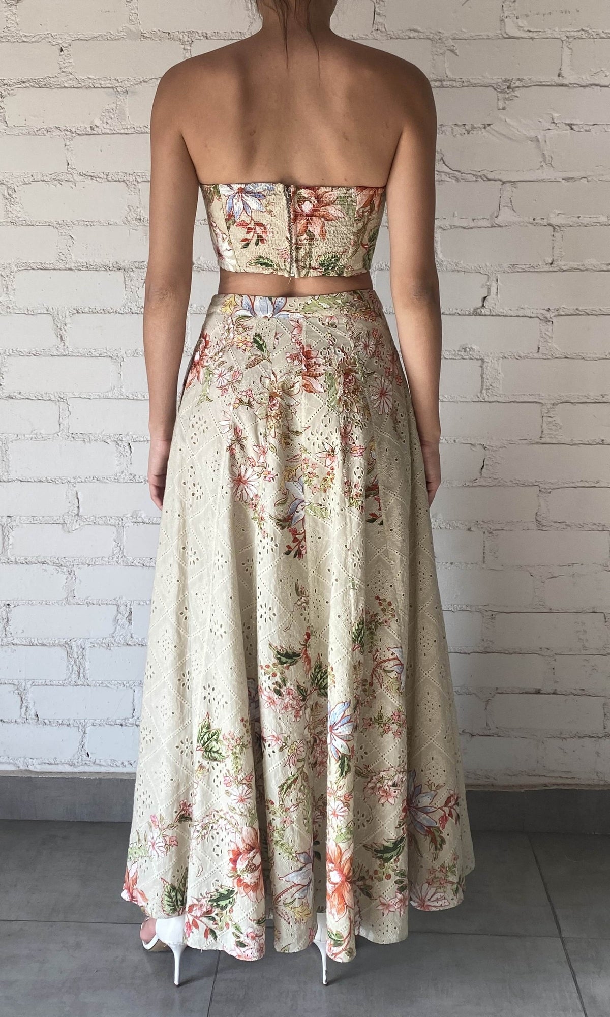 Hemant And Nandita | Nava Cotton Schiffli Long Skirt | Soft Beige