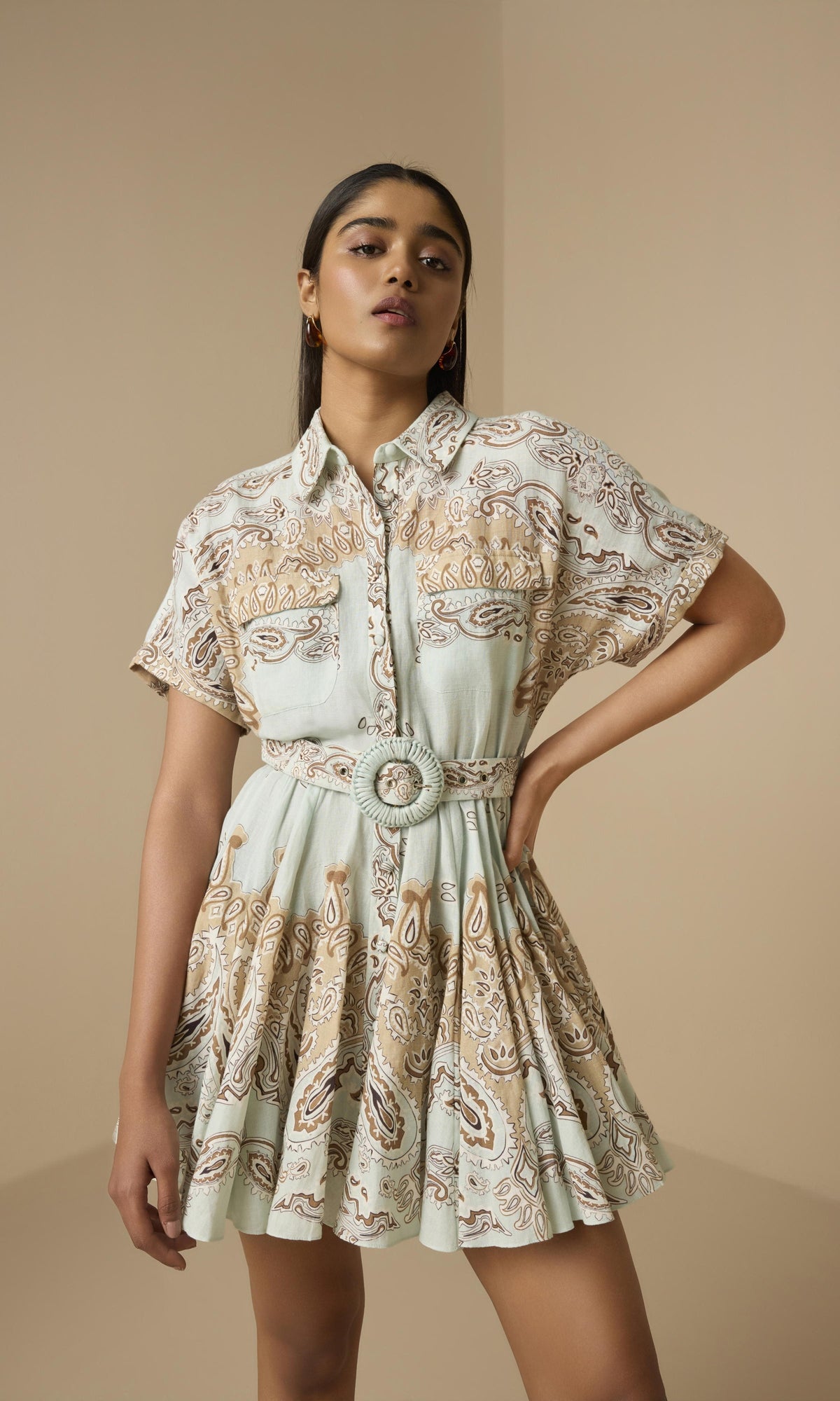 Hemant And Nandita | Navi Linen Cotton Short Dress With Tie Up Belt | Blue Brown