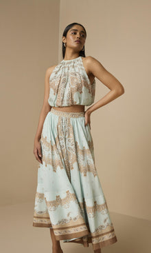 Hemant And Nandita | Navi Viscose Organza Linen Halter Neck Top | Blue Brown