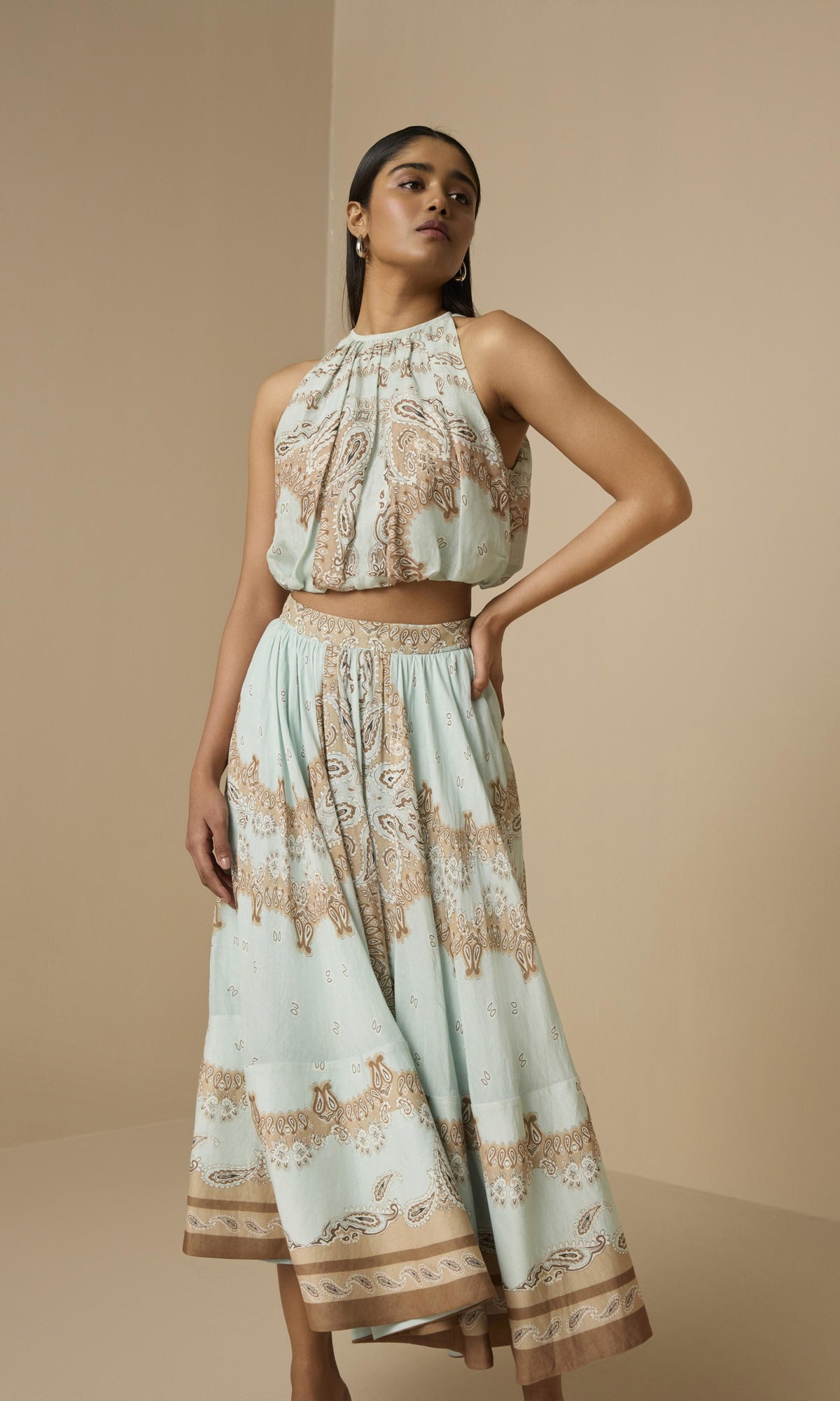 Hemant And Nandita | Navi Viscose Organza Linen Halter Neck Top | Blue Brown
