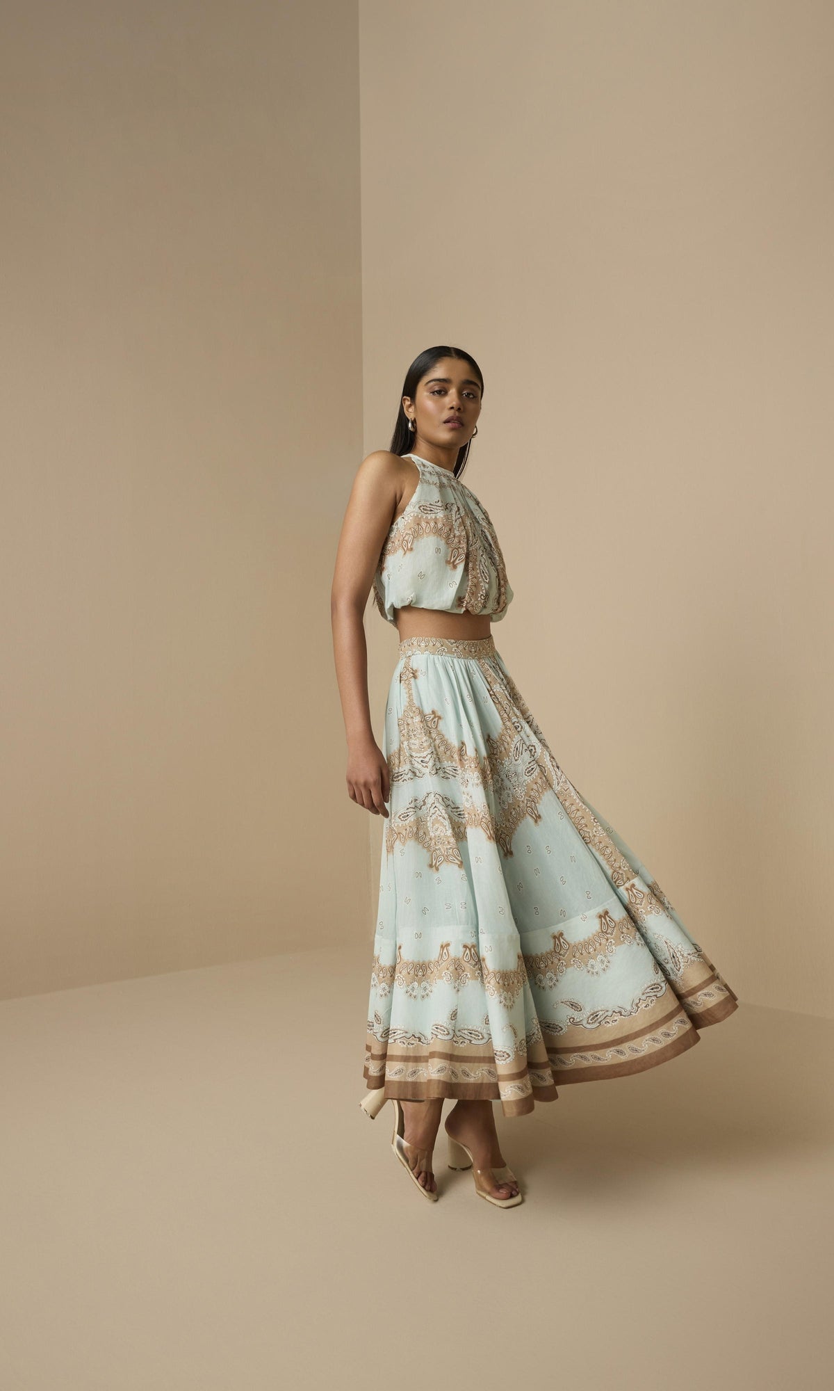 Hemant And Nandita | Navi Viscose Organza Linen Halter Neck Top | Blue Brown
