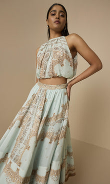 Hemant And Nandita | Navi Viscose Organza Linen Midi Skirt | Blue Brown