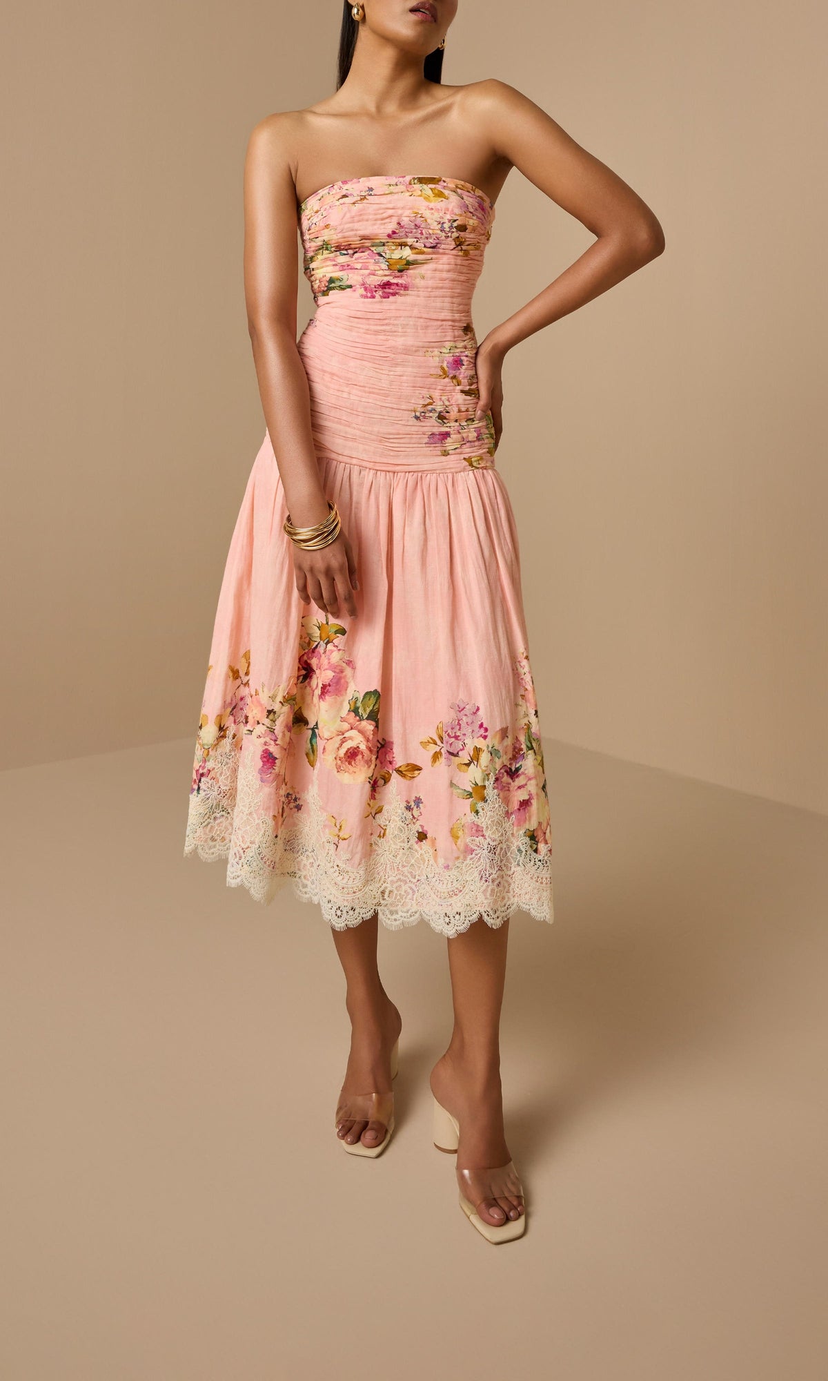 Hemant And Nandita | Niva Linen Cotton Ruched Midi Dress | Pink Floral