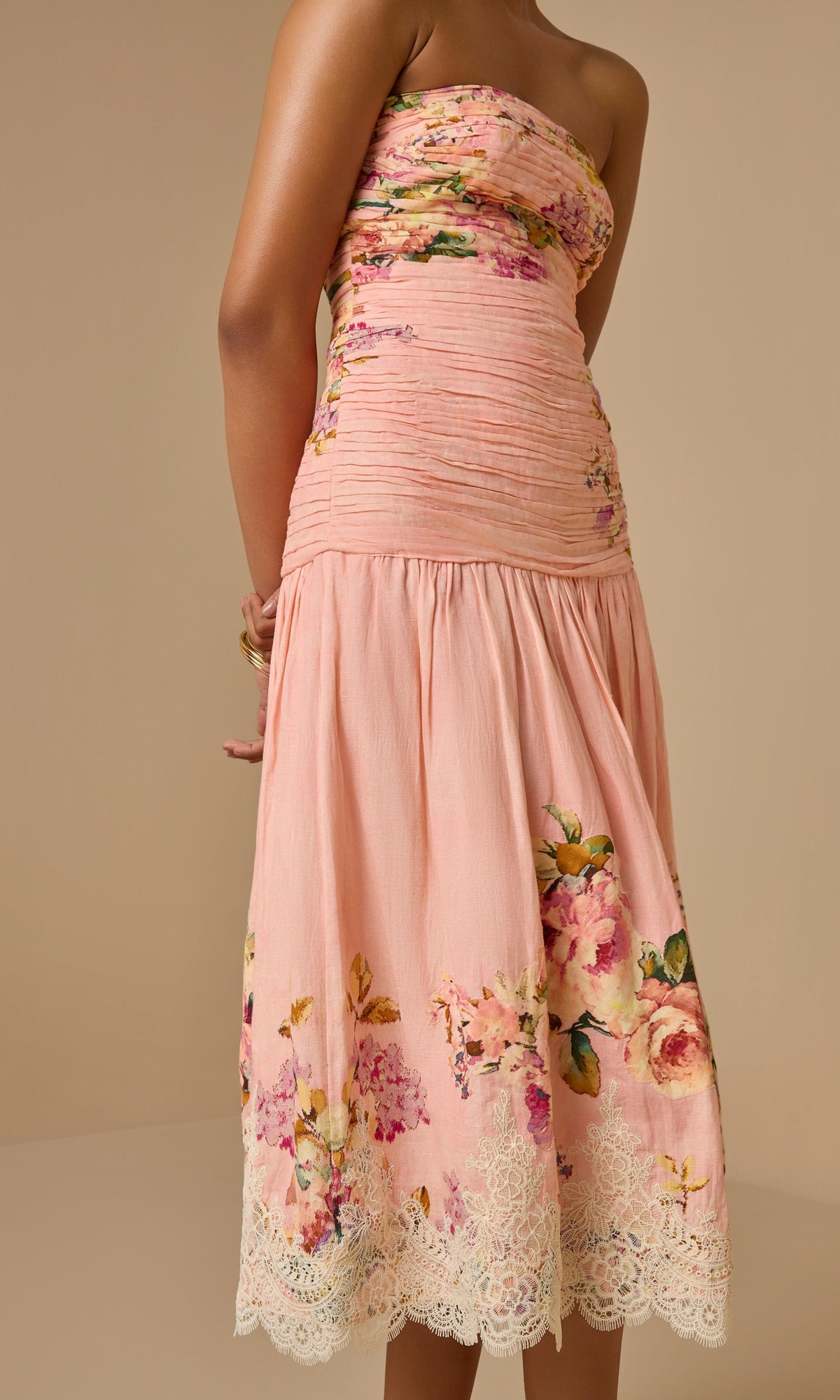 Hemant And Nandita | Niva Linen Cotton Ruched Midi Dress | Pink Floral