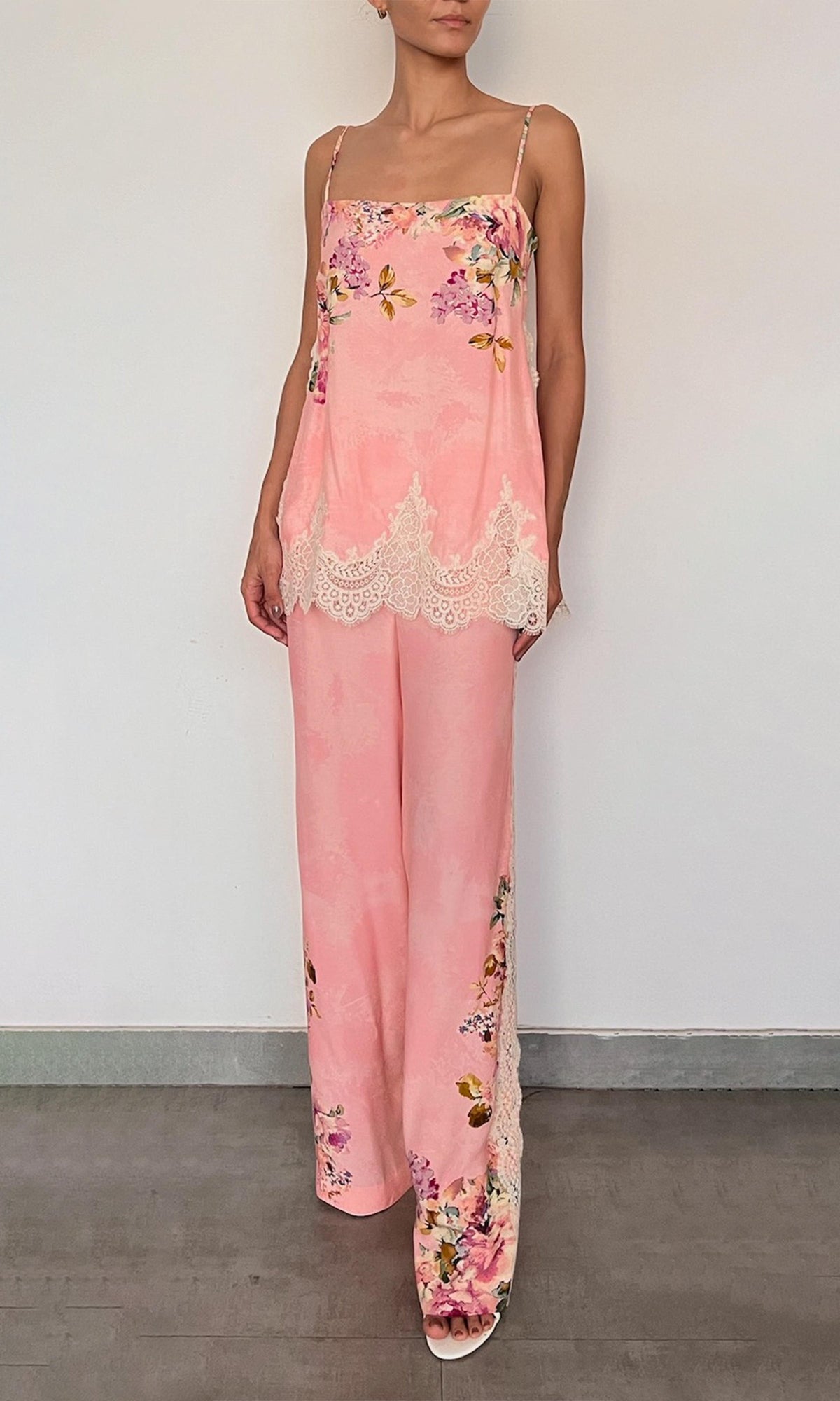 Hemant And Nandita | Niva Viscose Crepe Heavy + Flat Chiffon Straight Pants | Pink Floral