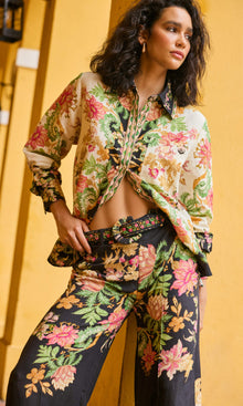 Hemant And Nandita | Pahi Linen Cotton Flared Pants With Buckle Belt | Black Offwhite Floral