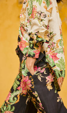 Hemant And Nandita | Pahi Linen Cotton Flared Pants With Buckle Belt | Black Offwhite Floral