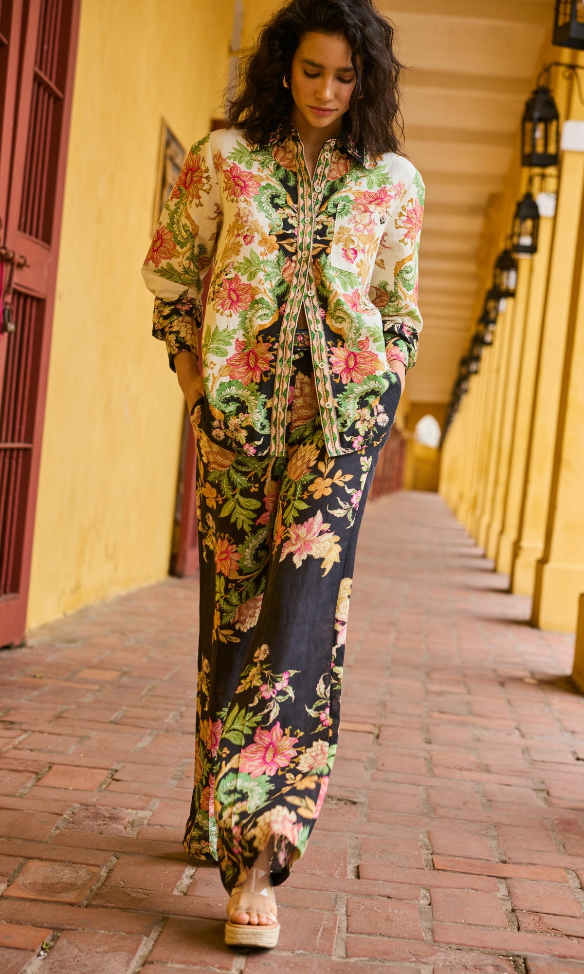 Hemant And Nandita | Pahi Linen Cotton Flared Pants With Buckle Belt | Black Offwhite Floral