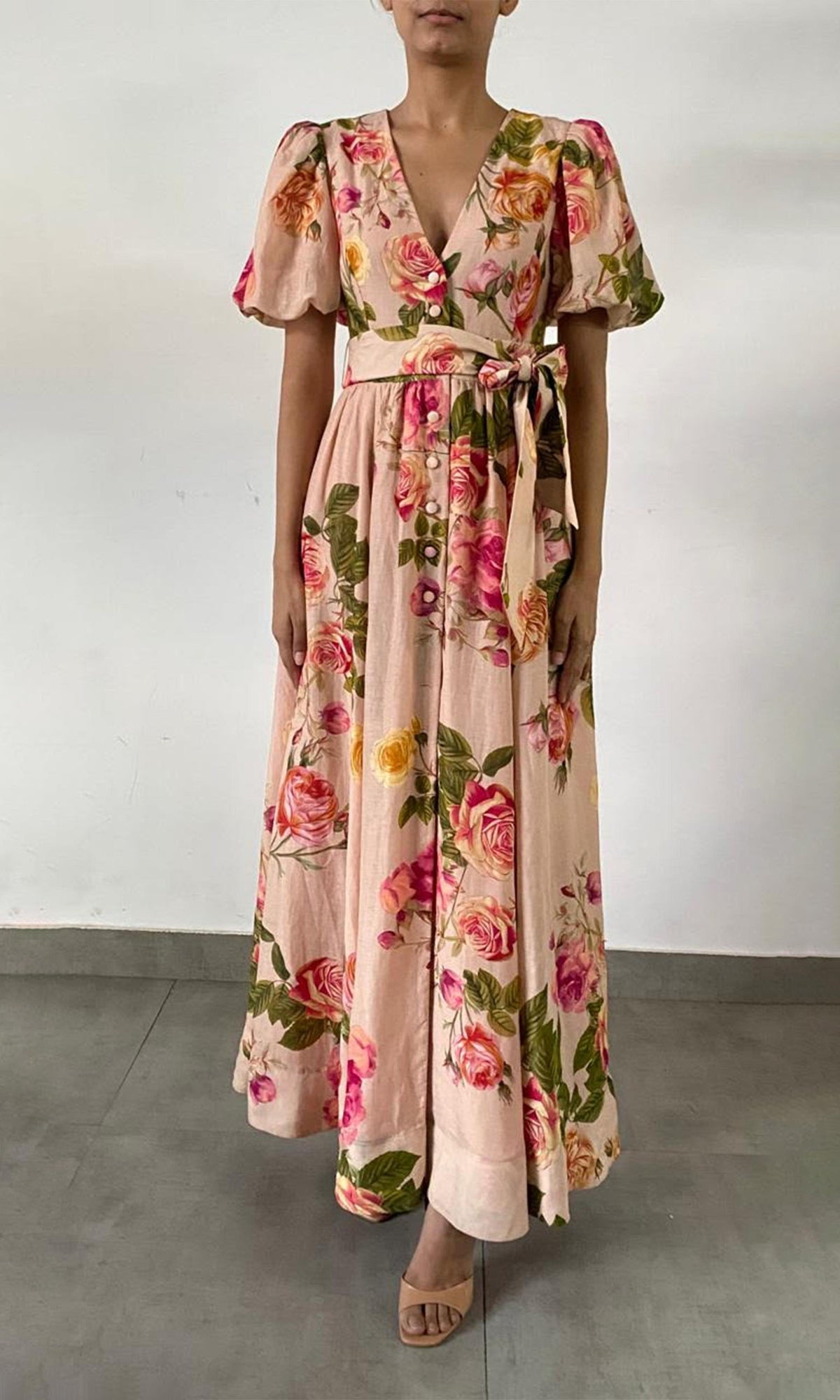 Hemant And Nandita | Pavi Linen Organza Long Dress With Tie Up Belt | Printed