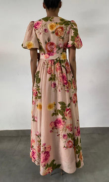 Hemant And Nandita | Pavi Linen Organza Long Dress With Tie Up Belt | Printed