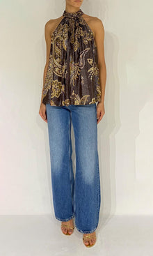 Hemant And Nandita | Reem Viscose Georgette Lurex Halter Neck Top | Brown