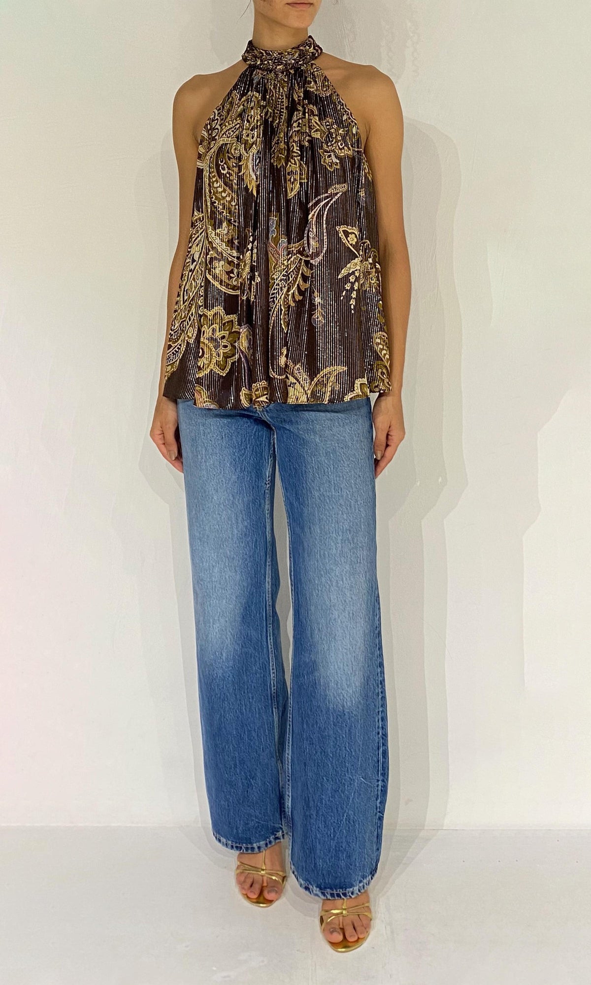 Hemant And Nandita | Reem Viscose Georgette Lurex Halter Neck Top | Brown