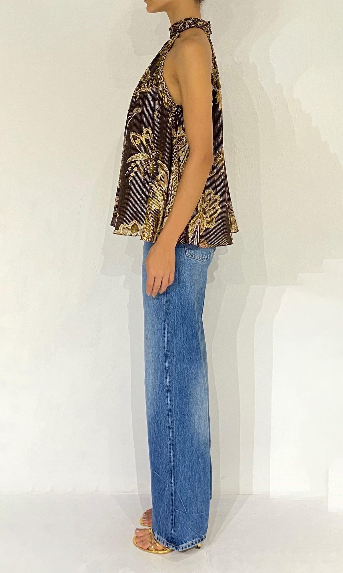 Hemant And Nandita | Reem Viscose Georgette Lurex Halter Neck Top | Brown