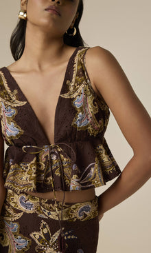 Hemant And Nandita | Reem Cotton Schiffli Peplum Top | Brown