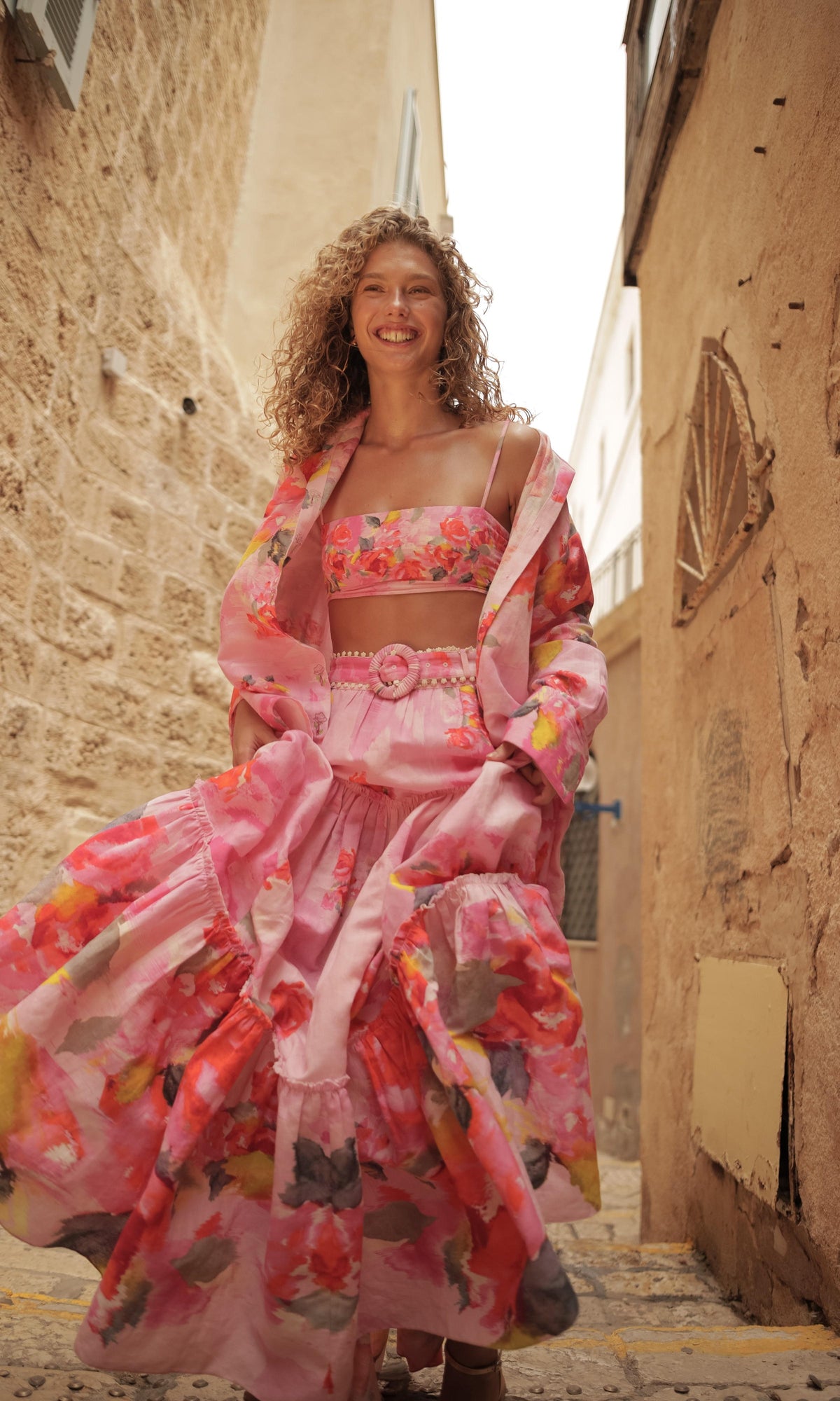 Hemant And Nandita | Rosa Linen Cotton Long Skirt With Buckle Belt | Pink Floral