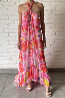 Viscose Crinkle Chiffon Long Dress | Pink Floral