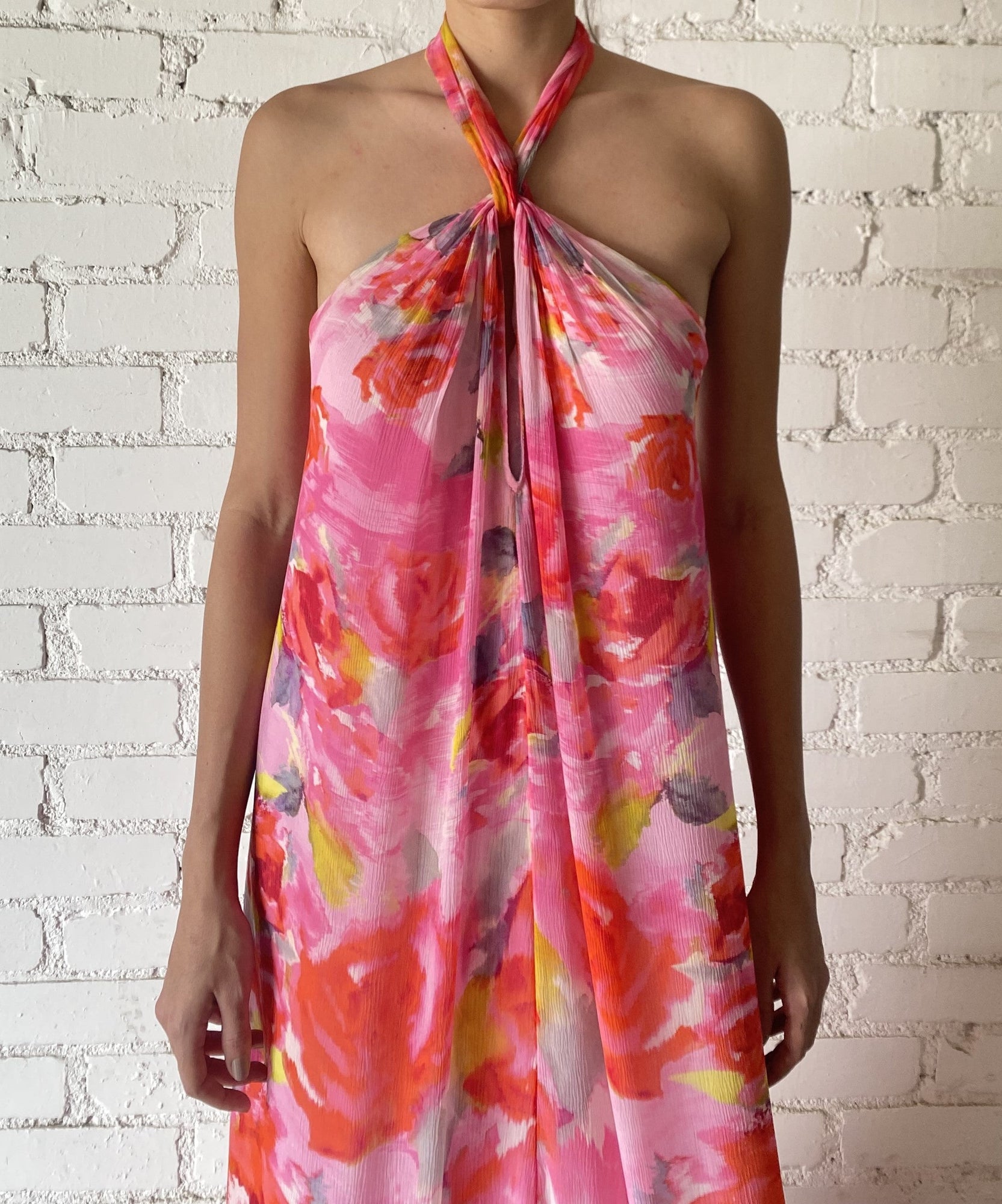 Viscose Crinkle Chiffon Long Dress | Pink Floral