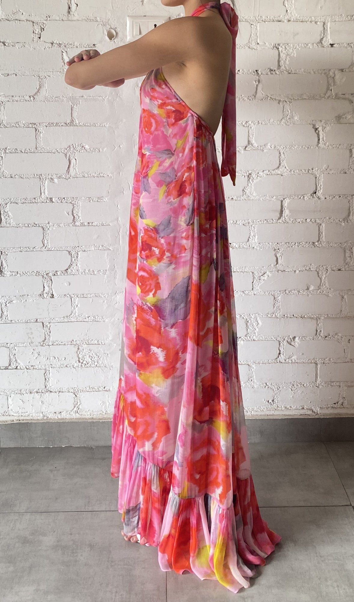 Viscose Crinkle Chiffon Long Dress | Pink Floral