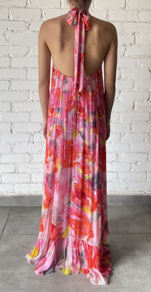 Viscose Crinkle Chiffon Long Dress | Pink Floral