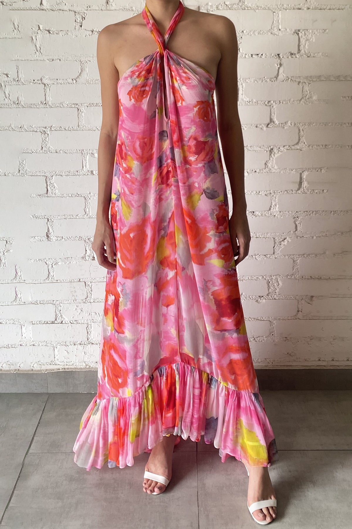 Viscose Crinkle Chiffon Long Dress | Pink Floral