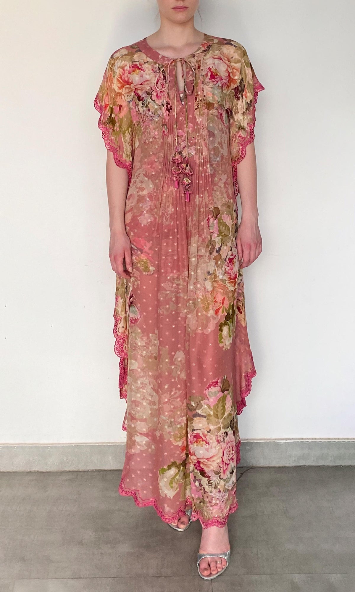 Hemant And Nandita | Sama Viscose Georgette Dobby Kaftan With Printed Slip | Peach Floral