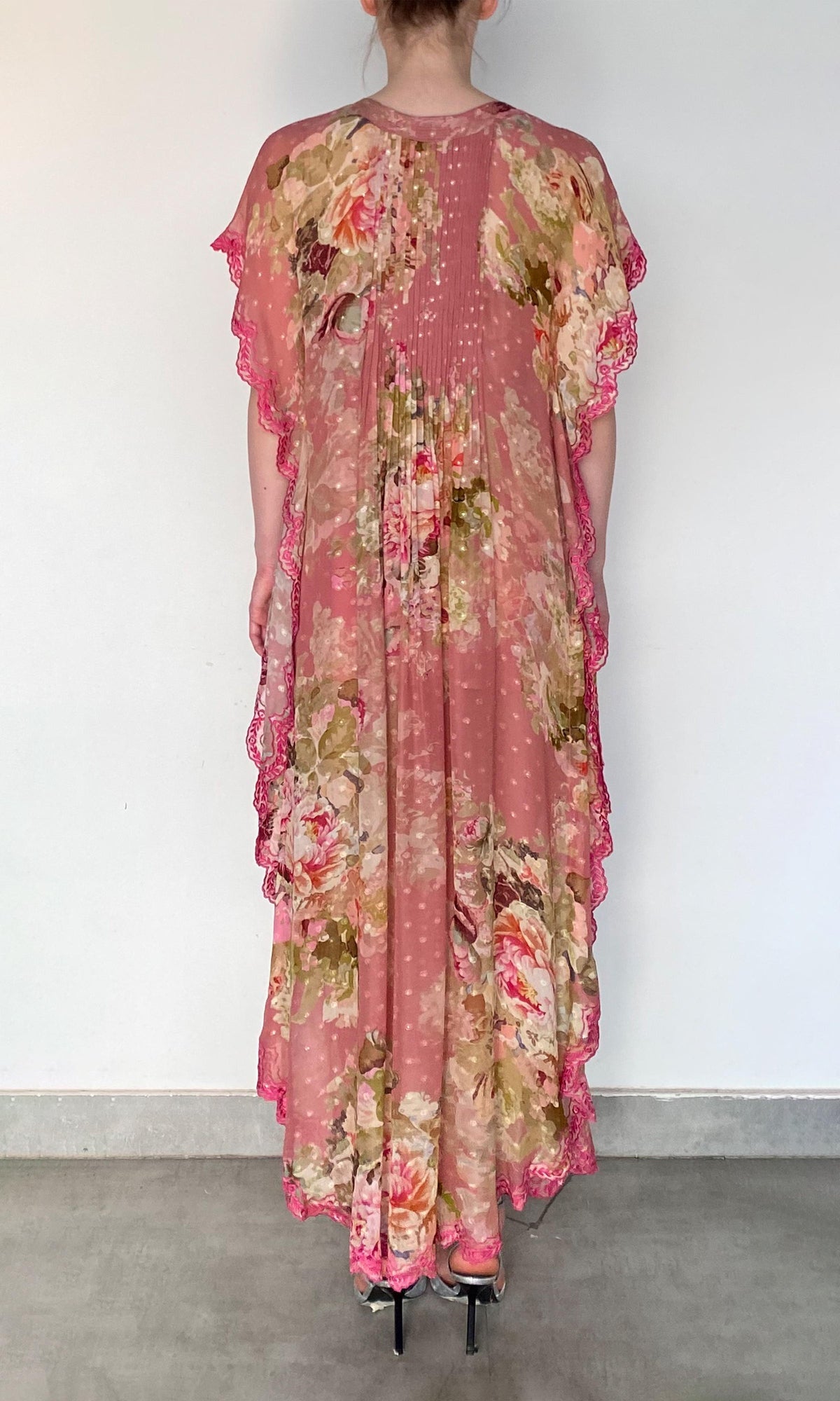 Hemant And Nandita | Sama Viscose Georgette Dobby Kaftan With Printed Slip | Peach Floral