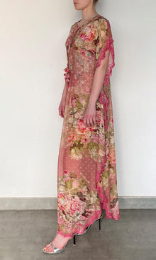 Hemant And Nandita | Sama Viscose Georgette Dobby Kaftan With Printed Slip | Peach Floral
