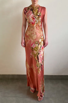 Long Dress With Cowl Neck | Peach Floral