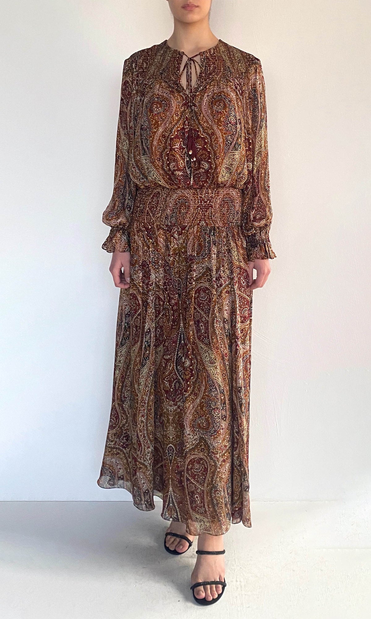Hemant And Nandita | Shifa Viscose Flat Chiffon Smocked Detail Maxi Dress | Burgundy