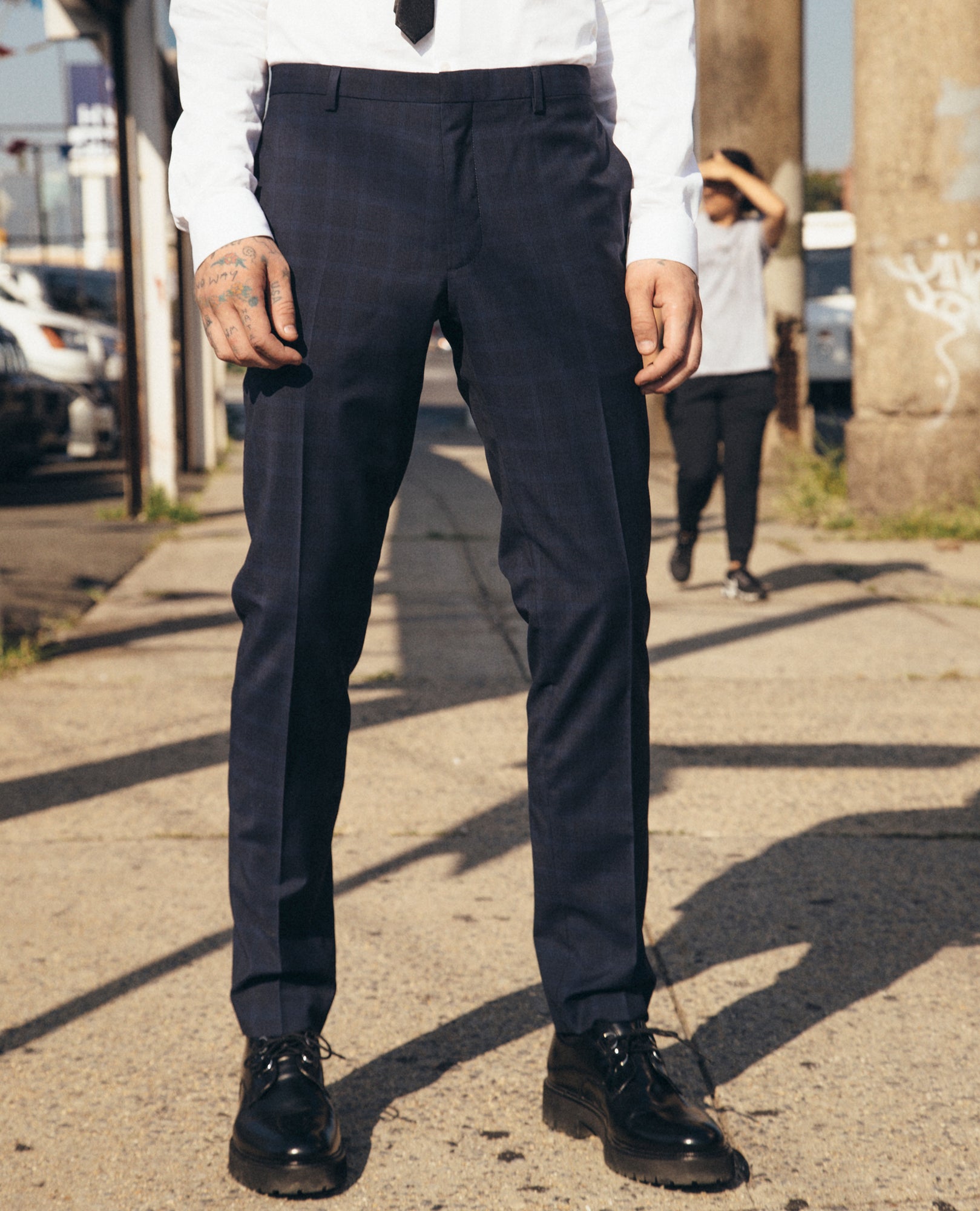 Wool Suit Trousers With Faint Check Motif | Men | Dark Blue