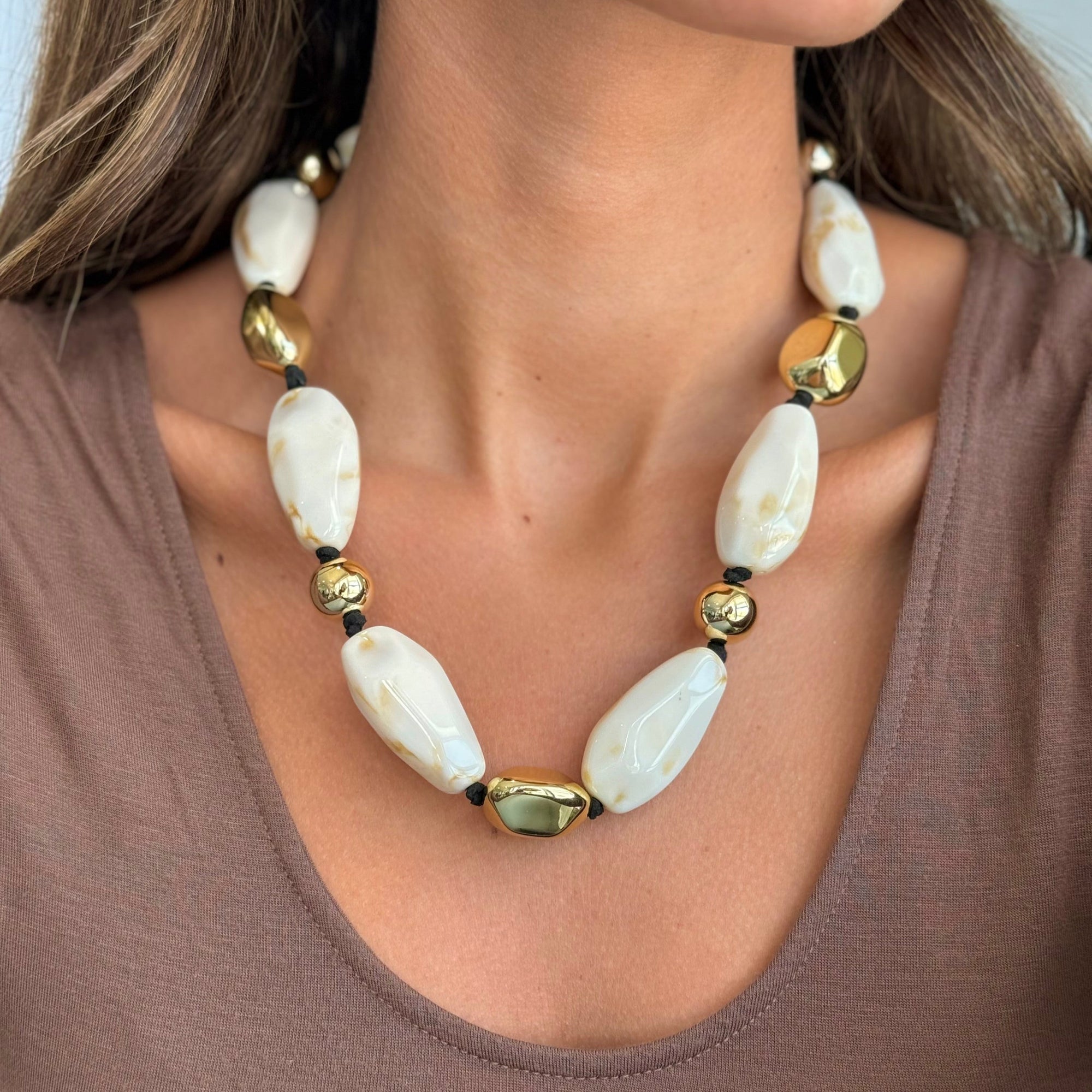 White Bead and Gold Accent Necklace - Adina's Jewels