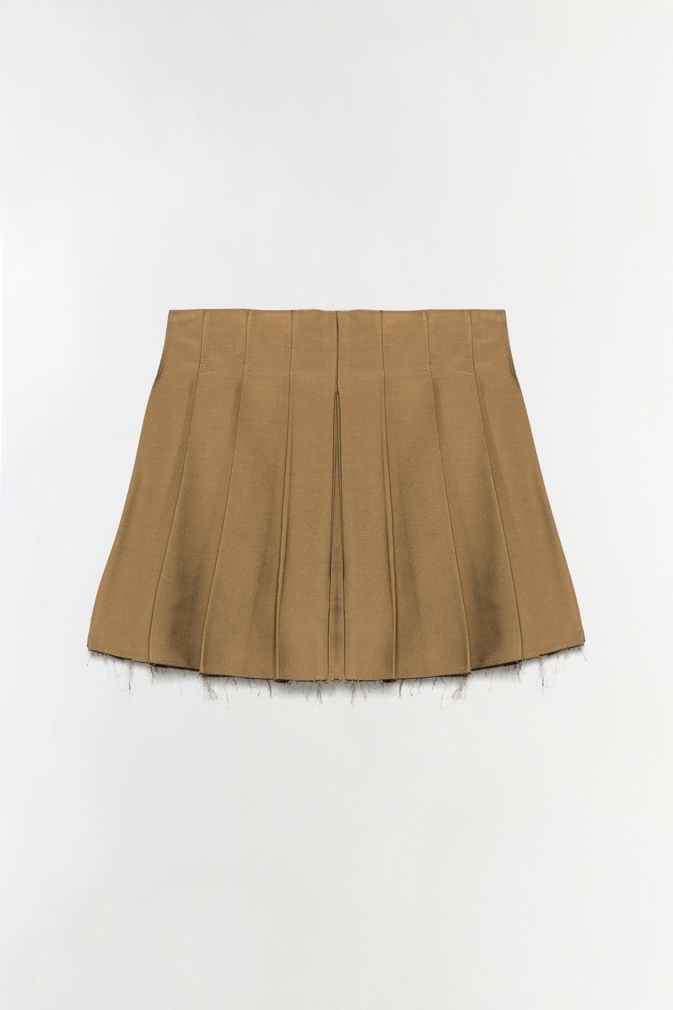 Tan pleated mini skort with frayed hem detail and vertical knife pleats throughout.