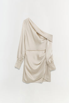 Cream-colored off-shoulder dress with draped neckline, long puffed sleeves, and ruched skirt detail.
