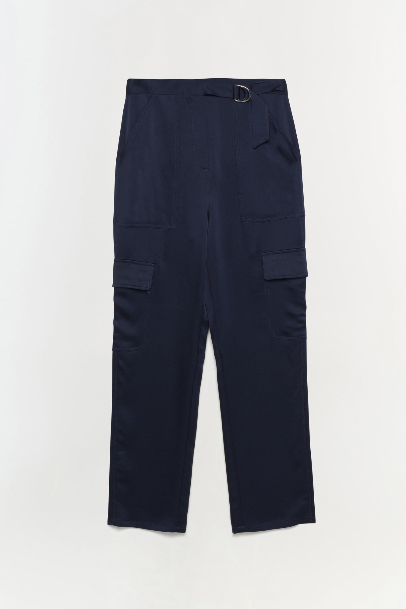 Navy blue cargo pants with multiple pockets, belt loop, and straight leg silhouette.