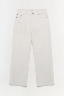 White wide-leg jean with five-pocket styling and metal button closure.