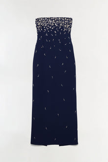 Navy strapless gown with scattered silver beading concentrated at neckline and dispersed down bodice.
