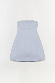 Light blue strapless mini dress with curved seaming and a fitted bodice flaring into an A-line skirt.