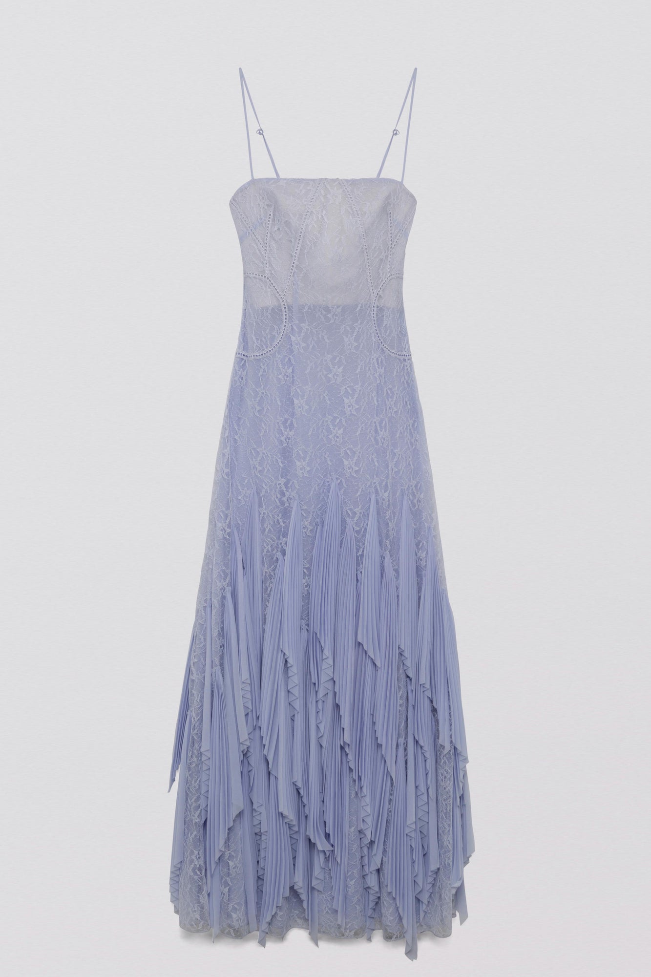 Lavender lace gown with thin straps, beaded bodice detail, and pleated handkerchief hem skirt.