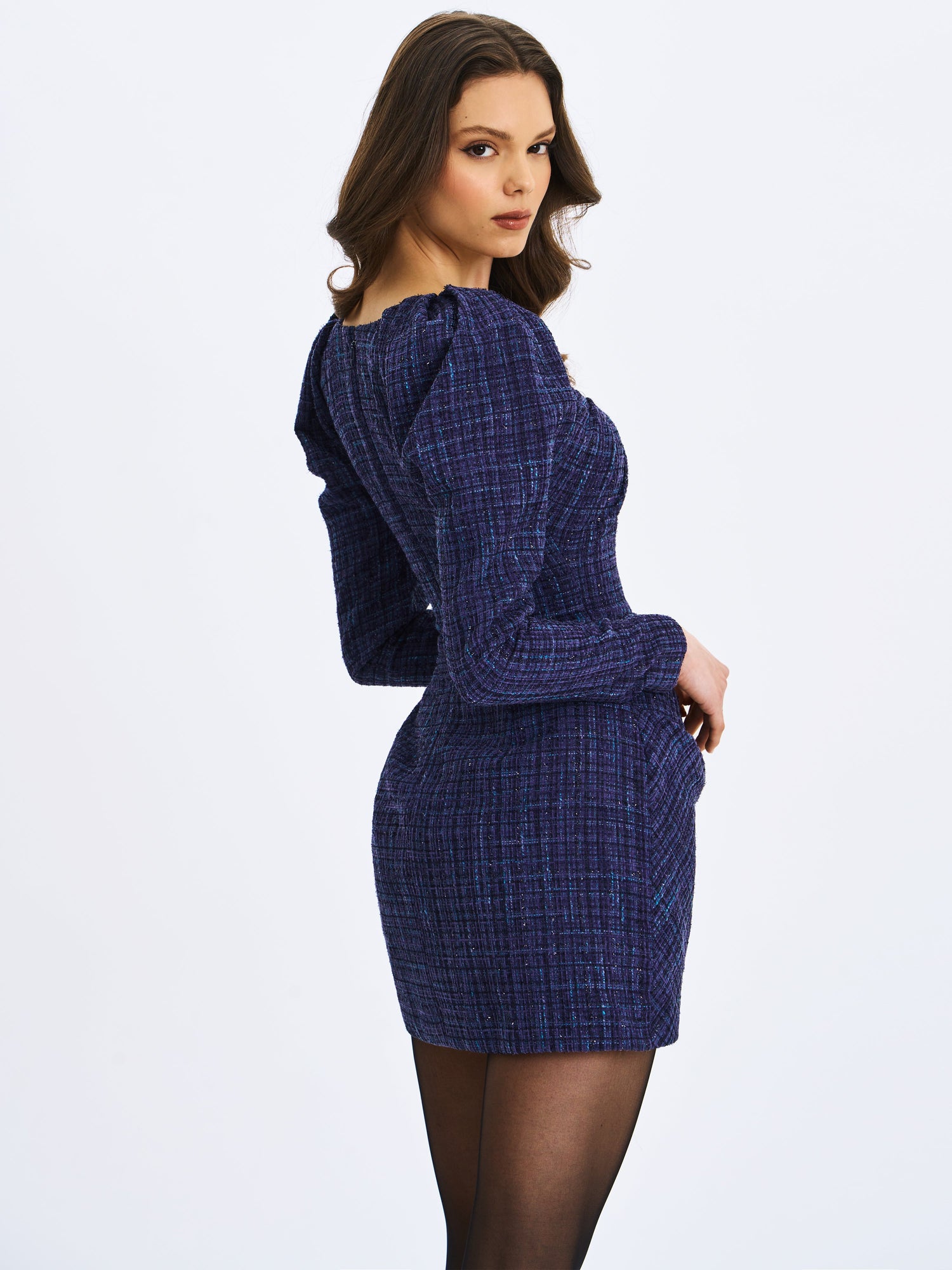 Denise Tweed Ruched Puff Sleeve Mini Dress | Navy