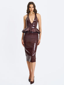 Jaslene Ruched Peplum Plunge Halter Midi Dress | Mahogany