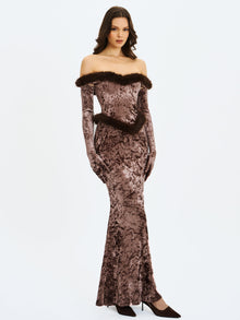 Tessa Sweetheart Bardot Faux Fur Velvet Mermaid Maxi Dress | Coffee